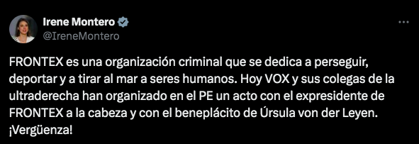 Irene Montero llama «organización criminal» a Frontex, la agencia de la Unión Europea