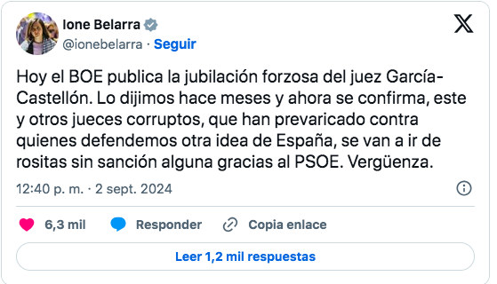 El juez García-Castellón pide 240.000 euros a Belarra por atacarle en redes sociales