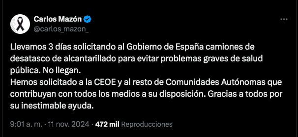 Mazón denuncia que lleva tres días pidiendo al Gobierno central camiones para desatascar alcantarillas y que no llegan 