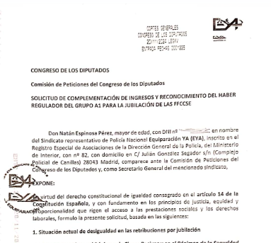 El sindicato policial EYA registra en el Congreso una nueva solicitud para igualar las pensiones con el resto de Cuerpos 