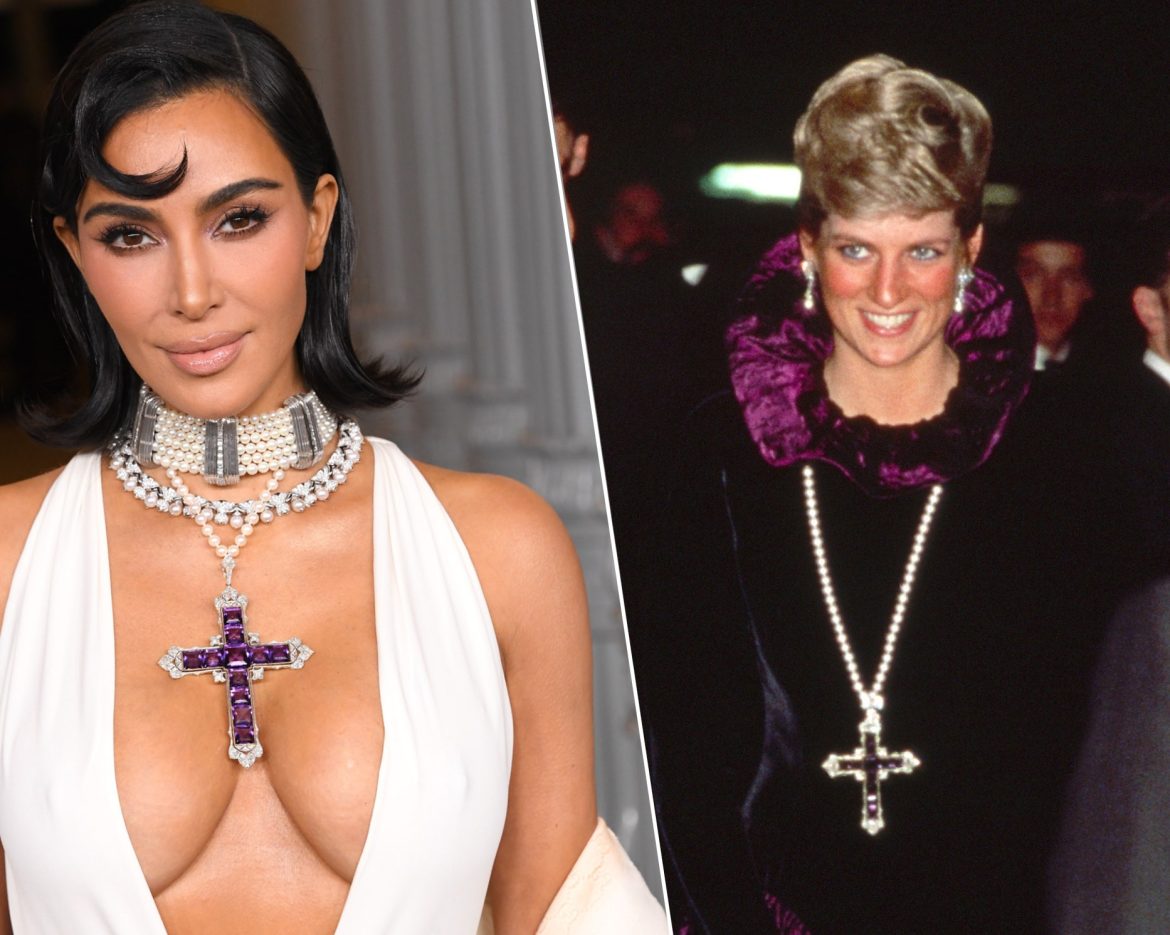 ​Un collar para dos estilos opuestos: Kim Kardashian luce la cruz de amatistas que llevó Diana de Gales en 1987 