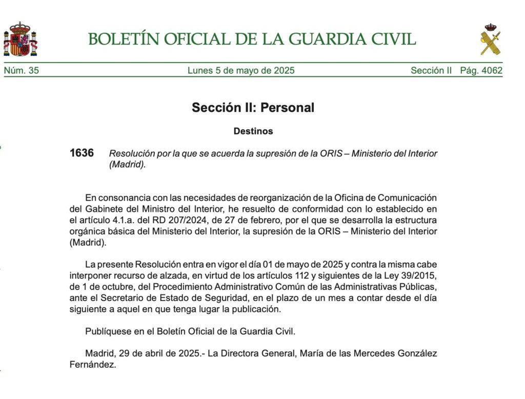 El nuevo castigo del Gobierno a la Guardia Civil: expulsa a todos los agentes de la ORIS por su malestar con la UCO